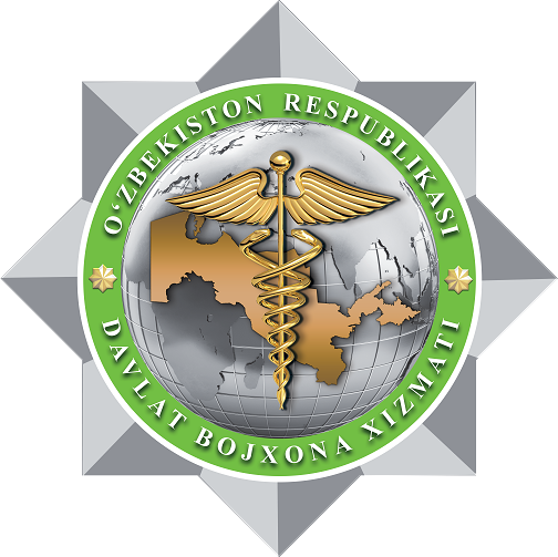 Emblem of the State Customs Service of the Republic of Uzbekistan featuring a caduceus over a world map